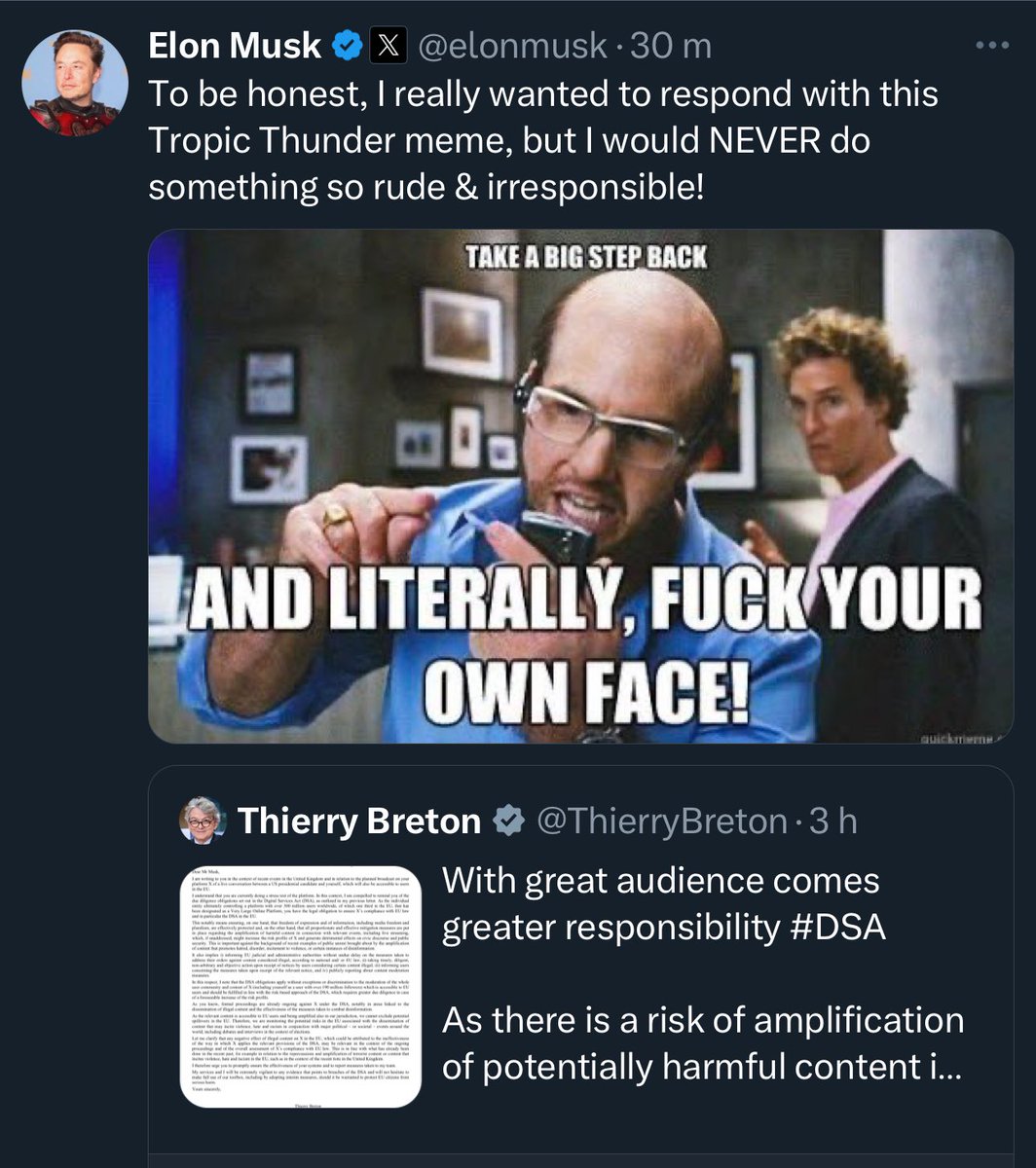 tristanmf's tweet photo. La réponse de Musk à Thierry Breton.
C’est hallucinant. https://t.co/e1Bp2WGtbs