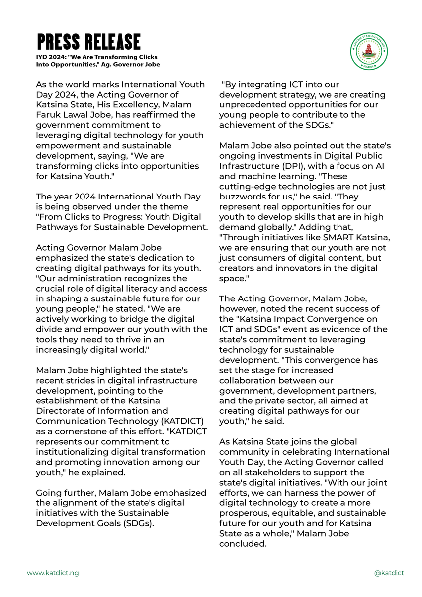katdict's tweet photo. Press Release on International Youth Day 2024 by the Acting Governor of Katsina State, Hon. Faruk Lawal Jobe @faruklawaljobe 

For more information, visit https://t.co/m4CPYKIJdu
#KATDICT365
#365DaysOfDigitalTransformation https://t.co/KaYkelM65x