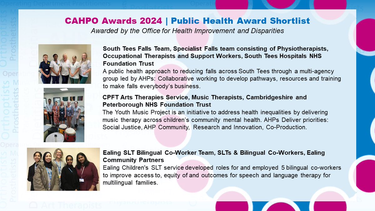 Suzanne Rastrick (@suzannerastrick) on Twitter photo 🚨Shortlist for the #CAHPO Public Health Award 2024
🌟 This award recognises an #AHP team or individual who has delivered service improvements which benefit population health and wellbeing and/or reduced health inequalities
🌟 Awarded by <a href="/OHID/">Office for Health Improvement and Disparities</a>
<a href="/WeAHPs/">WeAHPs 💙</a> 🚨Shortlist for the #CAHPO Public Health Award 2024
🌟 This award recognises an #AHP team or individual who has delivered service improvements which benefit population health and wellbeing and/or reduced health inequalities
🌟 Awarded by <a href="/OHID/">Office for Health Improvement and Disparities</a>
<a href="/WeAHPs/">WeAHPs 💙</a>