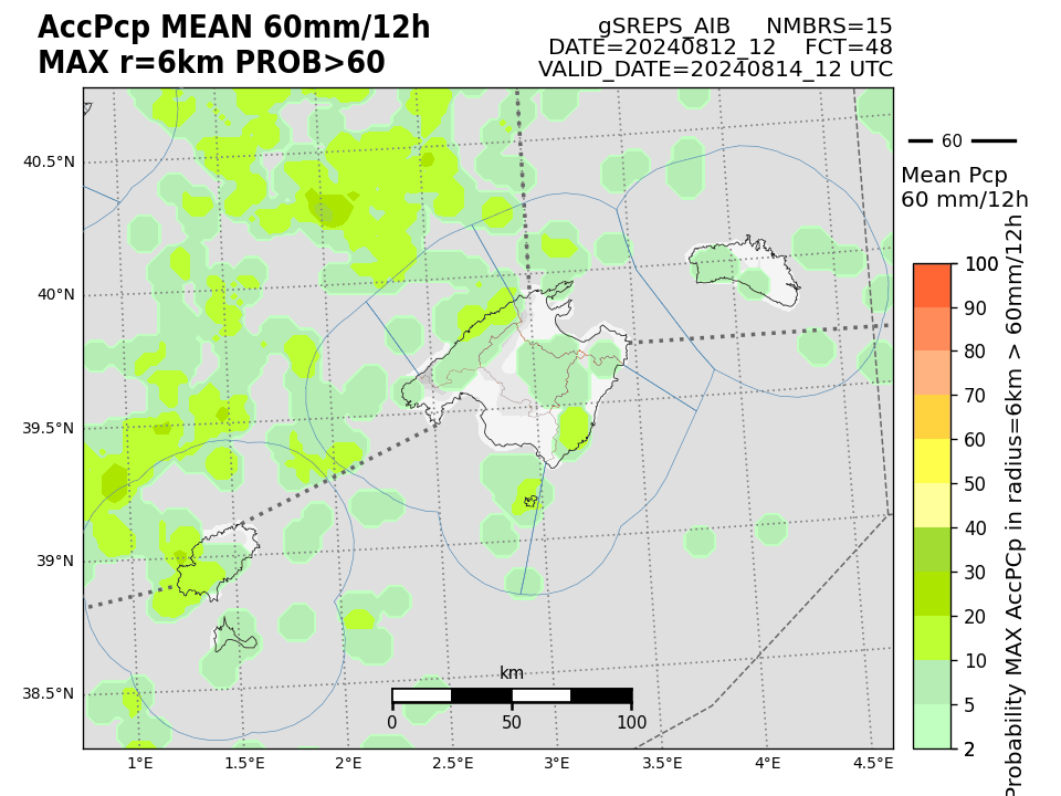 AEMET_Baleares's tweet photo. #Miércoles y #jueves alta inestabilidad atmosférica sobre las Islas Baleares, probabilidad de: 

· Tormentas muy fuertes.
· Chubascos muy fuertes, ocasional y localmente torrenciales.
· Granizo > 2 cm y rachas muy fuertes. 

⬇️Probabilidad de > 60 mm en 12h (X 00 UTC a J 12 UTC) https://t.co/ByIe6QTBok