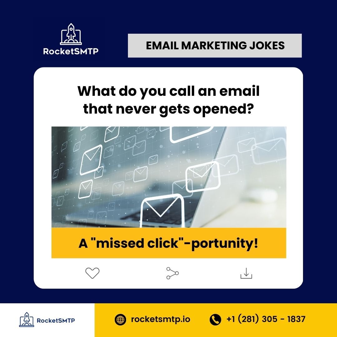 rocketsmtp's tweet photo. What do you call an email that never gets opened? A "missed click"-portunity! ๐ง
With RocketSMTP, ensure your messages get the attention they deserve. ๐
๐ Visit https://t.co/ARC0nsLXEC
โ๏ธ Call +1 (281) 305 - 1837
#RocketSMTP #EmailMarketing #EmailMarketingJokes #OpenRates https://t.co/eD5zg30n9M