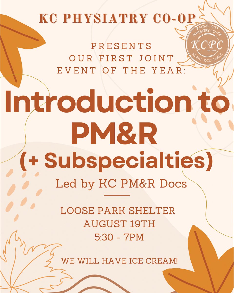 Attention all medical students! Don't miss the KC Physiatry Co-Op's first PM&amp;R interest group event of the year! Join us for a meetup at Loose Park next week, Monday, August 19th, from 5:30 to 7 PM.

We can't wait to meet you and talk about all the great things with PM&amp;R!⁠