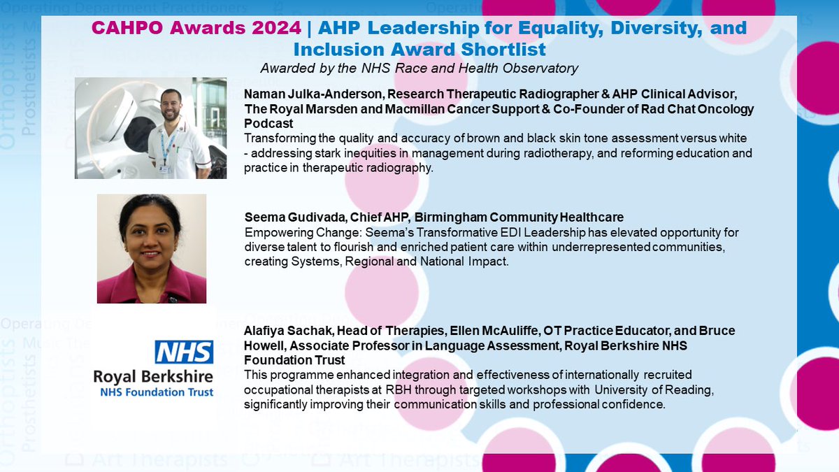🚨Shortlist for the #CAHPO Leadership for #EDI Award 2024
 
🌟 This award acknowledges and celebrates #AHPs who have made a significant contribution to the advancement of the Equality, Diversity and Inclusion agenda
 
🌟 Awarded by <a href="/NHS_RHO/">NHS Race & Health Observatory</a> 

<a href="/WeAHPs/">WeAHPs 💙</a>