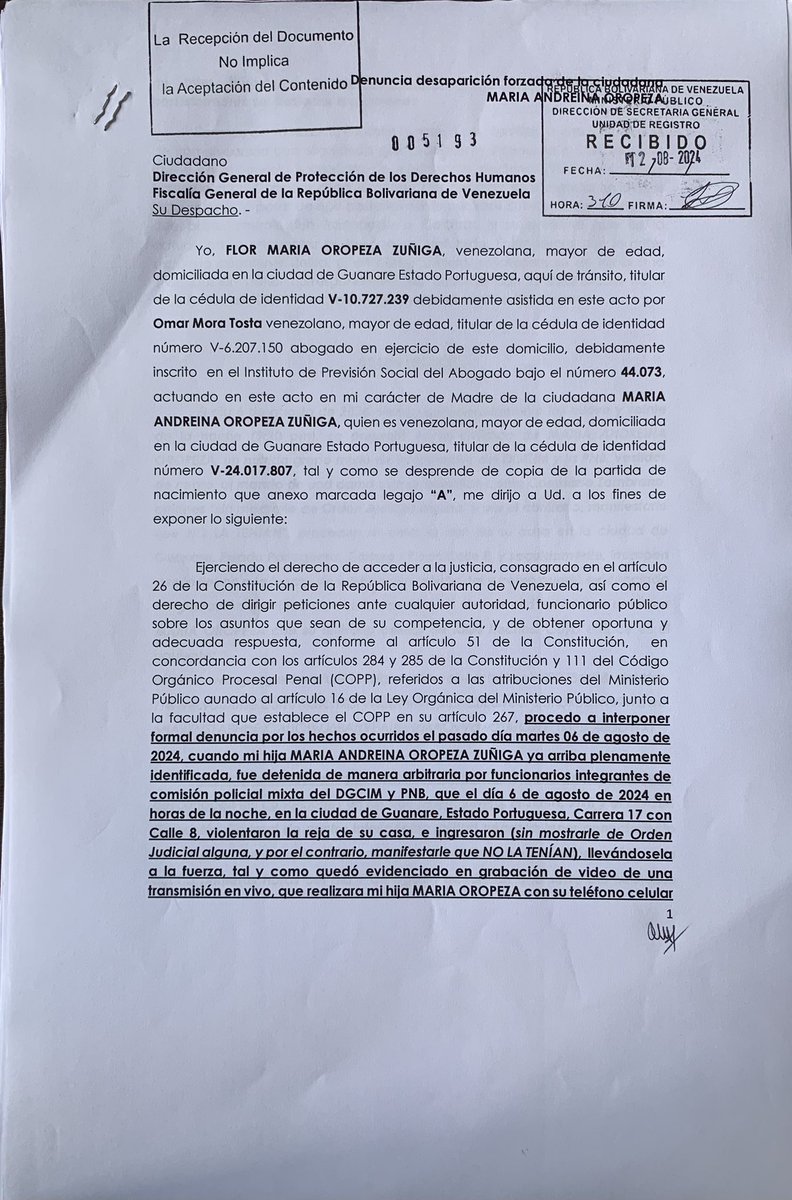 Omar_moratosta's tweet photo. No obstante lo anterior, logramos presentar denuncias por Detención Arbitraria y Desaparición Forzada de @mariaoropeza94 ante la Dirección de Derechos Fundamentales del MP y la Defensoria del Pueblo para que actúen en favor de sus DDHH. Continúa desaparecida,aislada de Flía y Abg https://t.co/1J6D1uvkJu