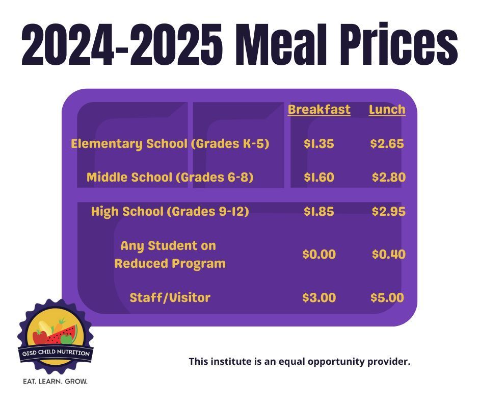 2024-2025 School Meal Prices

We are excited to serve our students delicious and healthy meals! See everyone tomorrow 😍