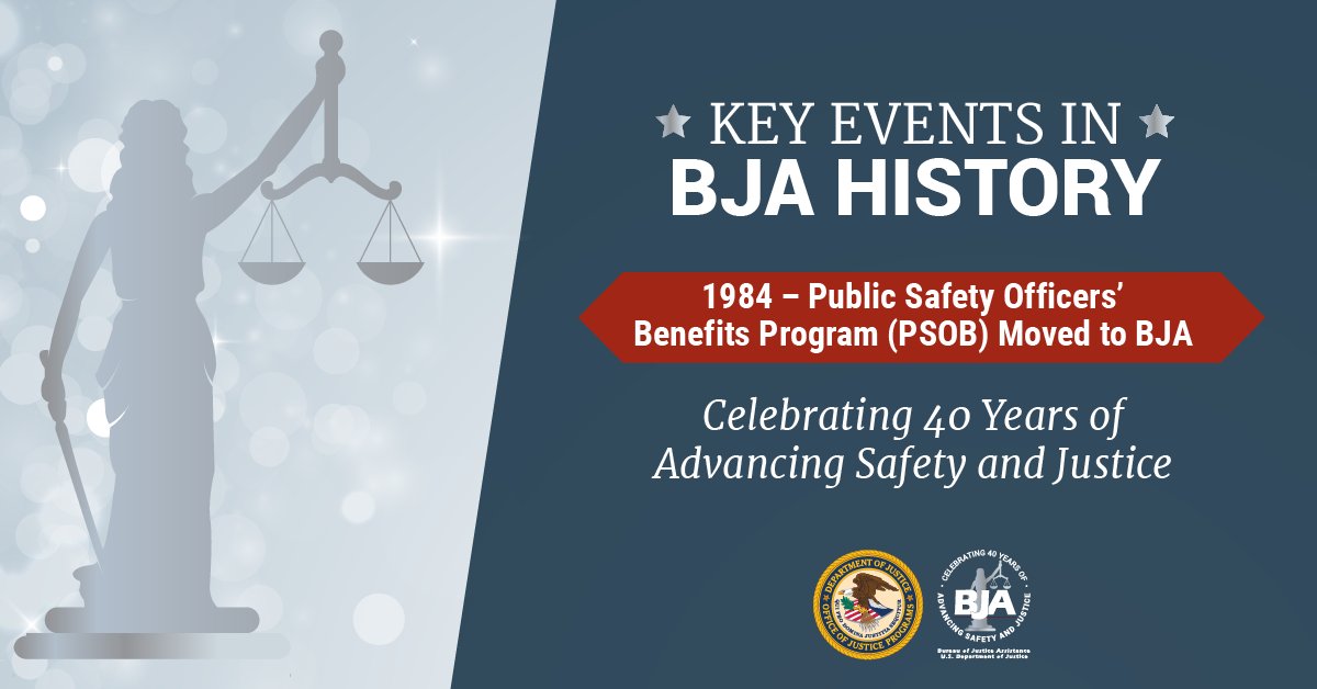 DOJBJA's tweet image. Soon after BJA’s founding in 1984, the Public Safety Officers Benefits Program moved under BJA to provide death &amp;amp; education benefits to survivors of fallen #publicsafety officers &amp;amp; disability benefits to catastrophically injured officers.  
 
Learn more: bja.ojp.gov/celebrating-40…
