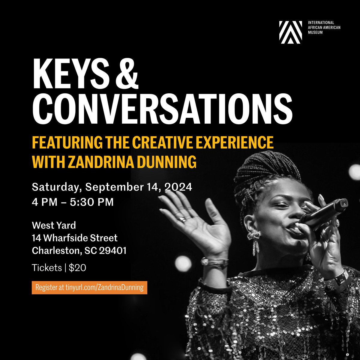 International African American Museum (@iaamuseum) on Twitter photo Join us for Keys & Conversations with <a href="/TheZDExperience/">Zandrina Dunning</a> on Sept 14, 4-5:30 PM at West Yard, Charleston! Tickets are $20. Register now: tinyurl.com/ZandriaDunning. Don't miss it! Join us for Keys & Conversations with <a href="/TheZDExperience/">Zandrina Dunning</a> on Sept 14, 4-5:30 PM at West Yard, Charleston! Tickets are $20. Register now: tinyurl.com/ZandriaDunning. Don't miss it!
