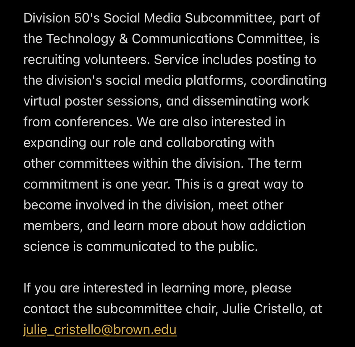 APA Division 50 (Society of Addiction Psychology) (@apadivision50) on Twitter photo Division 50ās <a href="/apadivision50/">APA Division 50 (Society of Addiction Psychology)</a> social media subcommittee is recruiting more volunteers! Please message us if you are interested in becoming more involved in the division. <a href="/julie_cristello/">Julie Cristello, PhD</a> Division 50ās <a href="/apadivision50/">APA Division 50 (Society of Addiction Psychology)</a> social media subcommittee is recruiting more volunteers! Please message us if you are interested in becoming more involved in the division. <a href="/julie_cristello/">Julie Cristello, PhD</a>