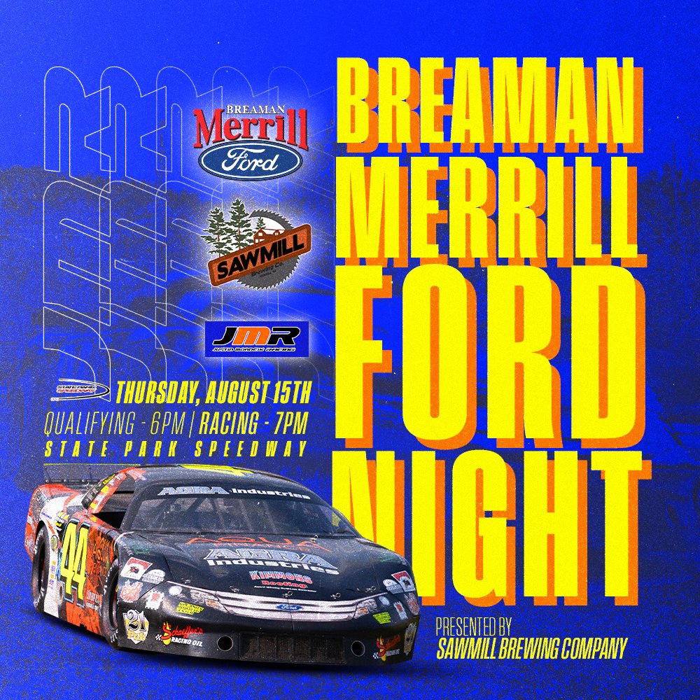 Come on out this Wednesday from 4-6pm at Breaman Merrill Ford for a live radio remote!  We will be there with a car to kick off Thursday's race at State Park Speedway.  It's Breaman Merrill Ford Night presented by Sawmill Brewing Company! Two of JMR's longtime supporters! #JMR