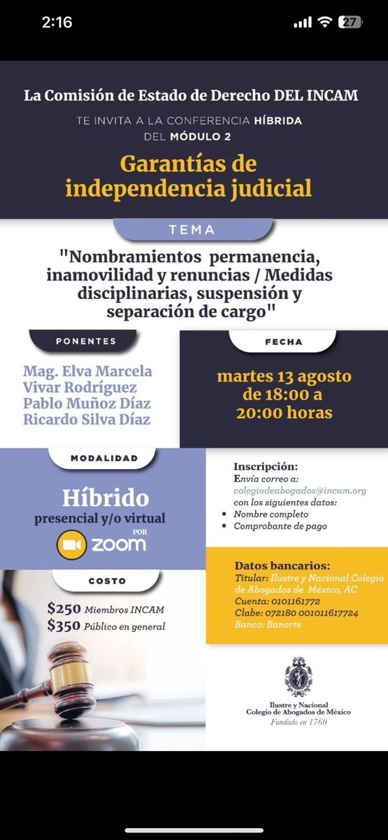 Los invitamos a escuchar MAÑANA, presencial o virtualmente a la Mag. Elva Vivar, del <a href="/TFJAMexico/">Tribunal Federal de Justicia Administrativa</a>, <a href="/silvadiazr/">Ricardo A Silva Díaz</a> del <a href="/INCAM_Abogados/">Colegio de Abogados</a> y a <a href="/pmunozd/">pablo munoz diaz</a>, de la #SCJN. 

¿El tema? Nombramientos, permanencia, inamovilidad, renuncias, suspensión y separación de cargo, en relación con la