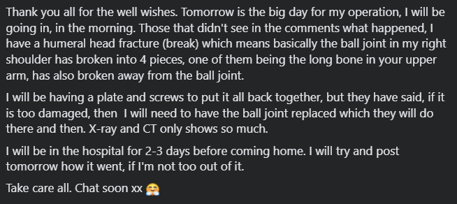 For those of you that do not know, I had an accident on my bike last Wednesday.