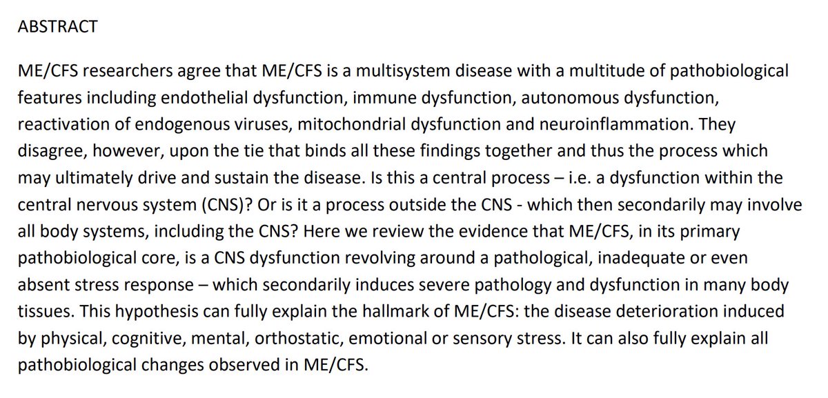 chydorina's tweet photo. One of the most helpful papers ever written on #MECFS just might be this one by @RenzPolster (p.s. its pretty readable - honestly, give it a shot.)

Yes, I know its a big statement. The reason I think this is that to see the "forest of #MECFS" one needs to see all the tree's without getting enamored by any one tree. Living in the forest (as a patient, and not just a researcher) is not a requirement for insight but it does add something special.

His previous publication on the role of microglia was also a landmark, but this current one "ME/CFS is Sustained by an Absent Stress Response in the Central Nervous System" gets at the heart of the issue we all know come up against. 

Many of the normal ways bodies adapt to various types of stressors are absent or different in #MECFS. Its the stress adaptation system itself that becomes broken.

https://t.co/5nCFfZUHOC