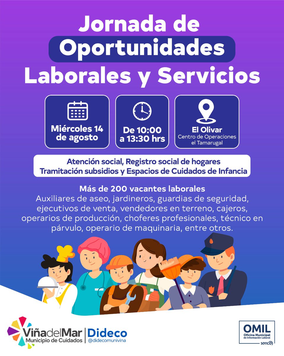 𝗝𝗢𝗥𝗡𝗔𝗗𝗔 𝗗𝗘 𝗢𝗣𝗢𝗥𝗧𝗨𝗡𝗜𝗗𝗔𝗗𝗘𝗦 𝗟𝗔𝗕𝗢𝗥𝗔𝗟𝗘𝗦
El Municipio de Cuidados, a través de la Oficina de Intermediación Laboral .

🗓 Fecha: Miércoles 15 de agosto⏰ Hora: 10:00 - 13:00 hrs
📍 Lugar: El Olivar, centro de operaciones El Tamarugal
