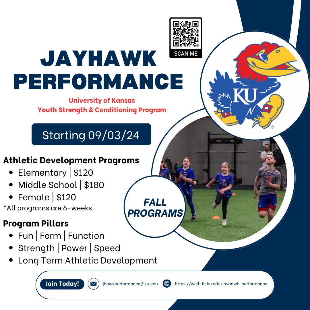 AthleticJayhawk's tweet photo. 📢 ENROLLING NOW! 📢

Fall 2024 Jayhawk Performance Youth Strength and Conditioning Programs!

Use the link below to learn more about Jayhawk Performance and register for the fall program. Registration closes Aug 30th with programs starting Sept 3rd!

https://t.co/JAHcIQrSlo https://t.co/EaLJUfXHFf