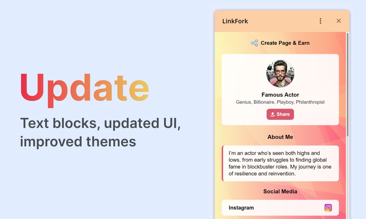 🫡 LinkFork Update:

🔸 Text Blocks

Previously, some users used headings to create long text descriptions. Now, there are dedicated blocks for this purpose. Check out how it looks: t.me/linkforkbot/li…

🔸 Improved UI

🔸 Theme Updates