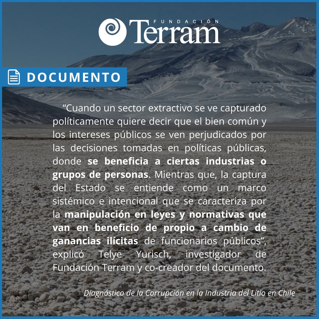 📑 [#DocumentosTerram] Fundación Terram dio a conocer dos estudios que analizan la industria del #litioenChile. Uno de ellos diagnostica la corrupción dentro de las etapas de la cadena de valor del sector.

Lee el documento completo aquí: shorturl.at/TCTYw

(🧵1/5)