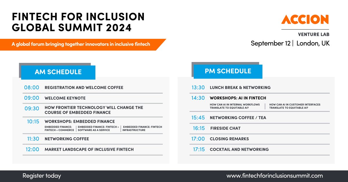 In exactly 1 month, our team <a href="/AccionVLab/">Accion Venture Lab</a> is hosting our one-day Global Fintech for Inclusion Summit in London.

If you’re a fintech founder and will be in London next month, you should attend.

Here’s a preview of the agenda