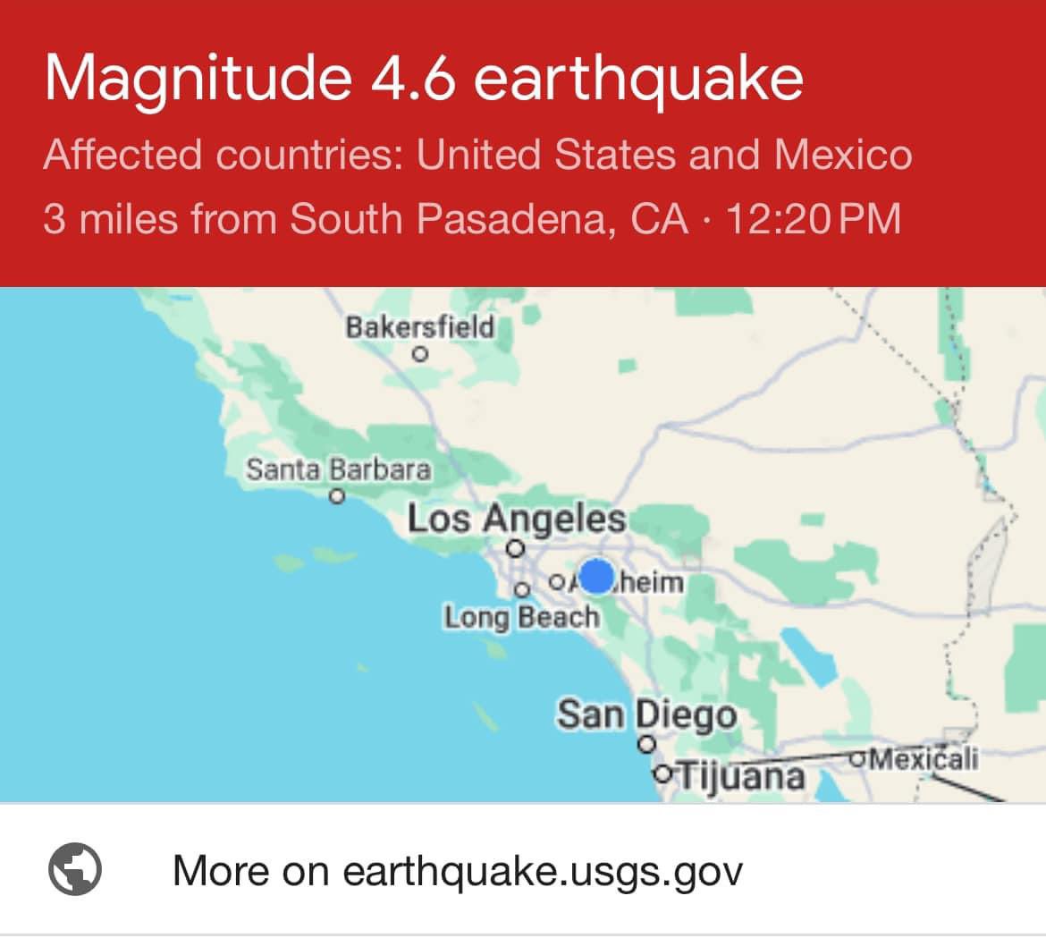 The 4.6 Earthquake was 3 miles SW from South Pasadena. 

For more information, please visit earthquake.usgs.gov/earthquakes/ev….