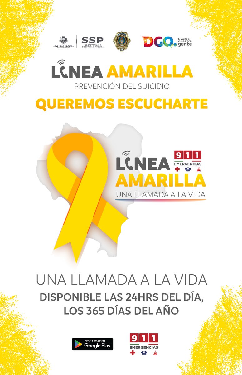 sspdgo's tweet image. @Vive_Dgo #LíneaAmarillaDurango está disponible las 24 hrs del día para escucharte, recuerda que no estás solo #UnaLlamadaALaVida #911 #Durango #Dgo