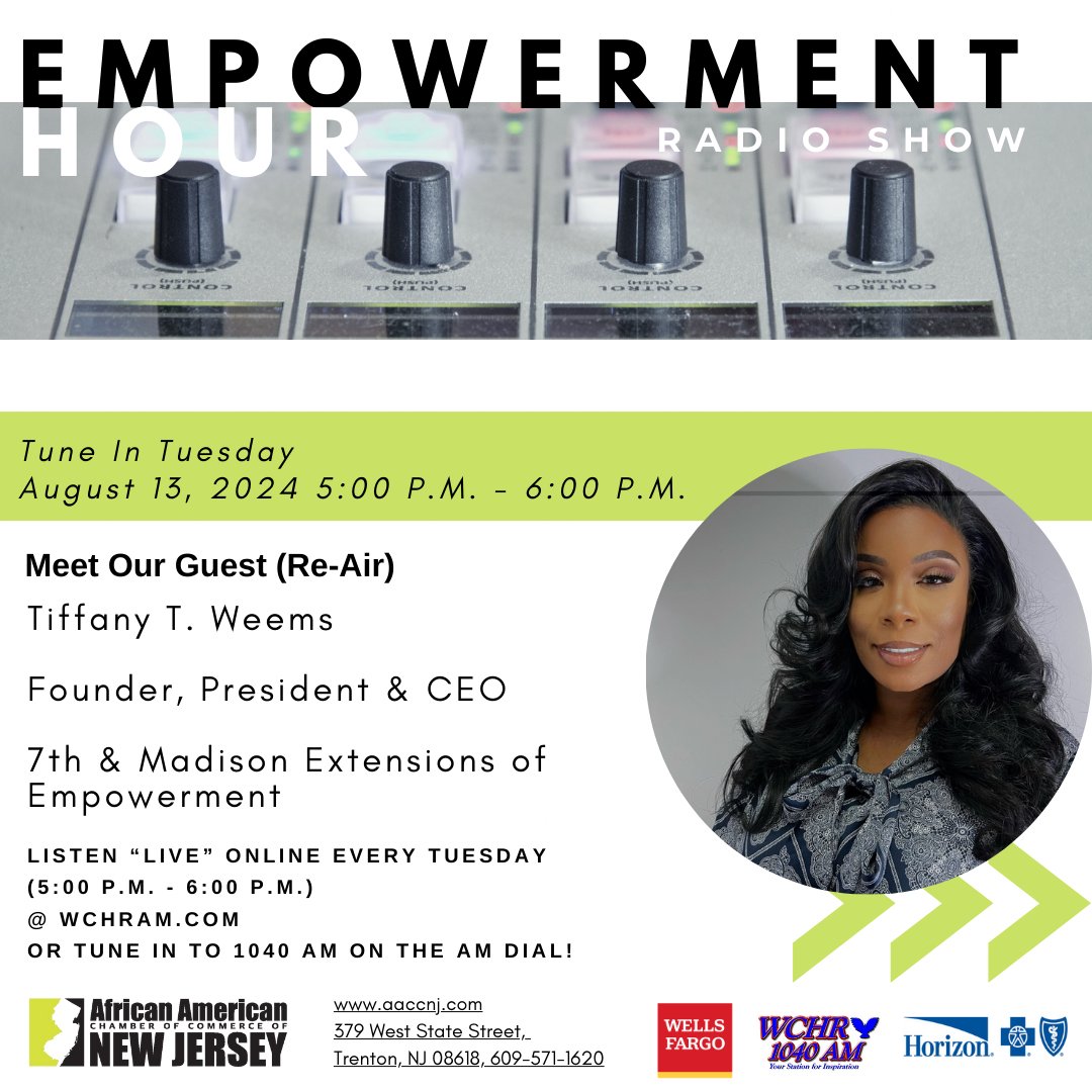 AACCNJ's tweet image. 🔊 Empowerment Hour Radio Show – August 13, 2024, at 5 PM! Featuring Natasha L. Hemmings, CEO of Girl Scouts Heart of NJ, and a re-air with Tiffany T. Weems of 7th &amp;amp; Madison. Hosted by John E. Harmon, Sr. IOM. 

Listen live at WCHRAM.COM or 1040 AM. 
#EmpowermentHour