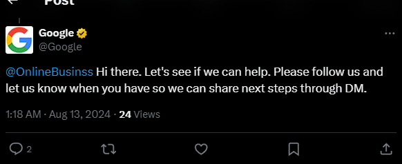 OnlineBusinss's tweet photo. @Google 
Google messages you robotically like this but doesn't actually talk to you in DM I'm so worried plz help me google my gmail  is lost I want to recover🙏 https://t.co/YY3ZL9S4H3