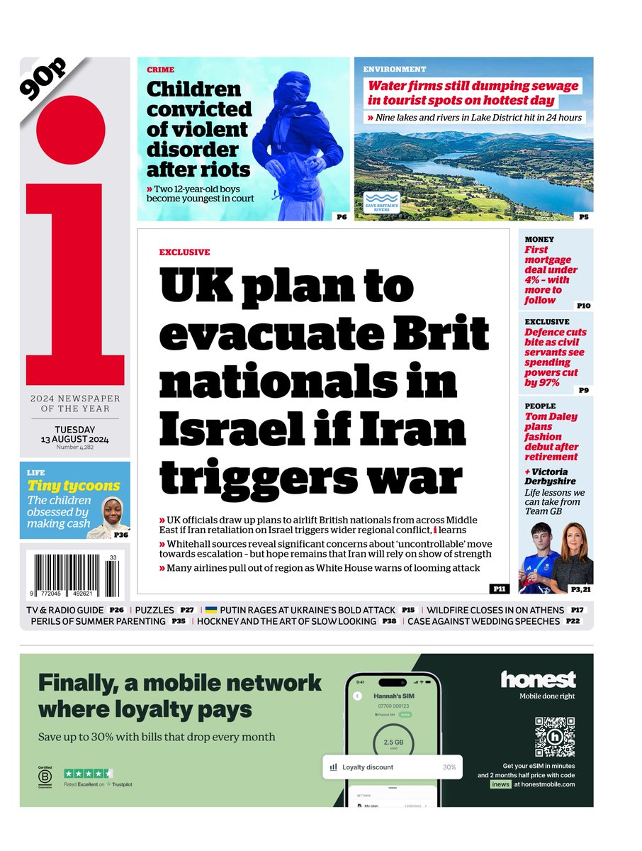 Tuesday's i: UK plan to evacuate Brit nationals in Israel if Iran triggers war
#TomorrowsPapersToday