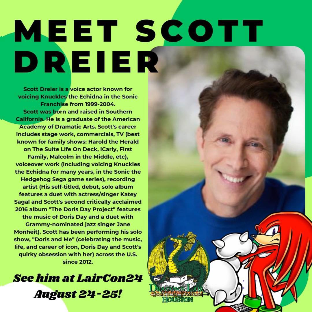 DLairHouston's tweet photo. For the first time in Houston The Sonic Reunion, @RYANtheDRUMMOND , @TheScottDreier , and @HumphreyReal will be coming to Dragon's Lair for Laircon24!!! They will be here both on Saturday and Sunday, August 24 and 25 so make sure you guys are here to meet the crew!!! #Sonic https://t.co/xOyvWHeobr