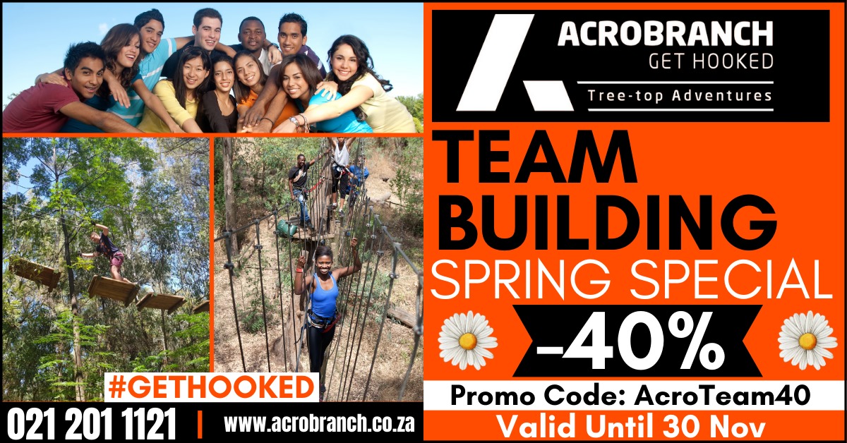 🌳"Tree-t" your team to an adrenaline-packed experience!
⭐40% off all Team Buildings &amp; Year-End Functions
Promo Code: AcroTeam40
Valid until 30 Nov 2024 🗓

#GETHOOKED TODAY
📞 021 201 1121 
📷 acrobranch.co.za
11 Parks nationwide 📍Gauteng | Western Cape | KZN