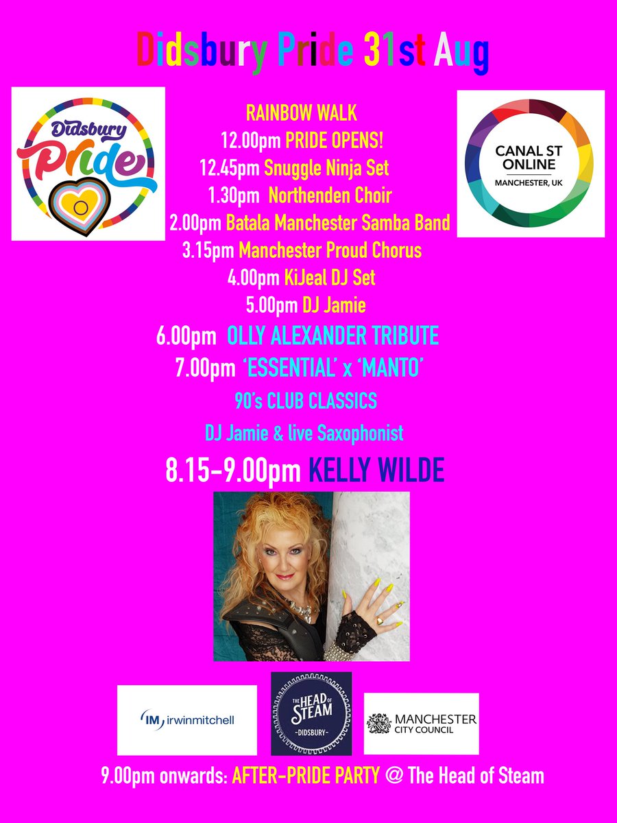 Here's the full line up for this Saturday's DIDSBURY PRIDE.... IT IS GOING TO BE JUST FABULOUS xxx 💋

We have lots of info stalls, food &amp; drink pop-ups and some just incredible entertainment... all for you, and you and YOU!!...and us 😃   

🌈 Saturday 31st August 12-9pm