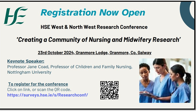 NMPDUNorthWest's tweet photo. Registration is now open for HSE West &amp; North West Research Conference. 
23rd October 2024, Oranmore Lodge, Oranmore, Co. Galway. https://t.co/JHIyI4FqvN