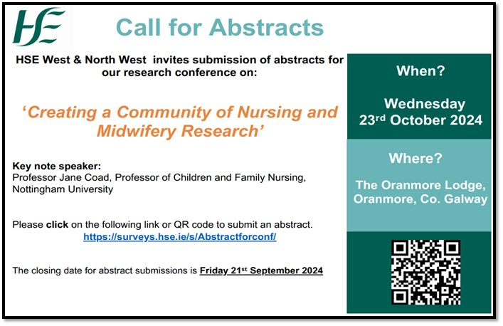 NMPDUNorthWest's tweet photo. Registration is now open for HSE West &amp; North West Research Conference. 
23rd October 2024, Oranmore Lodge, Oranmore, Co. Galway. https://t.co/JHIyI4FqvN