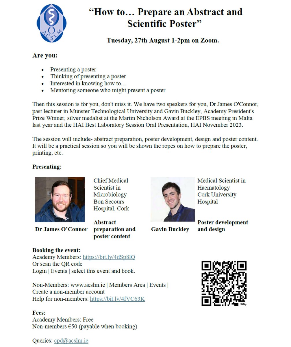 ACSLM CPD Officer: Leo Mulvany (@acslm_cpd) on Twitter photo In case you missed it! “How to… Prepare an Abstract and Scientific Poster” today at 1pm on ZOOM. Details & Registration: bit.ly/3Ay5T2x
#medicalscientists #medicalscience <a href="/MedLabAssoc/">MLSA</a> <a href="/ATU_GalwayCity/">ATU Galway City</a> <a href="/TUDub_Biology/">School of Biological, Health & Sports Sciences</a> <a href="/BioSci_MTU/">Biological Sciences - MTU</a> <a href="/UCCBiomedSoc/">UCC BiomedSoc</a> <a href="/WeHSCPs/">National HSCP Office, HSE</a> In case you missed it! “How to… Prepare an Abstract and Scientific Poster” today at 1pm on ZOOM. Details & Registration: bit.ly/3Ay5T2x
#medicalscientists #medicalscience <a href="/MedLabAssoc/">MLSA</a> <a href="/ATU_GalwayCity/">ATU Galway City</a> <a href="/TUDub_Biology/">School of Biological, Health & Sports Sciences</a> <a href="/BioSci_MTU/">Biological Sciences - MTU</a> <a href="/UCCBiomedSoc/">UCC BiomedSoc</a> <a href="/WeHSCPs/">National HSCP Office, HSE</a>