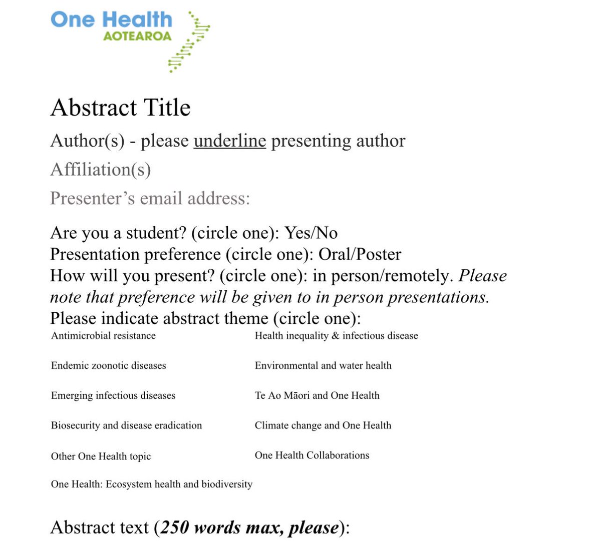 Rhys White 🧬 (@rhystwhite) on Twitter photo 🚨EXTENDED DEADLINE🚨
You can still submit an abstract for the One Health Aotearoa Symposium 2024
New deadline: 15 Sep 2024
Join us in Wellington on 3-4 Dec!
Open to all career stages
Submit your 250-word abstract to one.health@otago.ac.nz
More info: onehealth.org.nz/one-health-aot… 🚨EXTENDED DEADLINE🚨
You can still submit an abstract for the One Health Aotearoa Symposium 2024
New deadline: 15 Sep 2024
Join us in Wellington on 3-4 Dec!
Open to all career stages
Submit your 250-word abstract to one.health@otago.ac.nz
More info: onehealth.org.nz/one-health-aot…