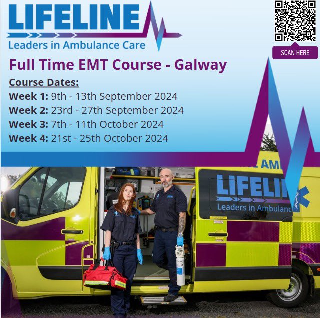 Only 2 spaces remaining in our full time E.M.T course in Galway, book now through our website or by scanning the QR code before it’s too late! #LeadersInAmbulanceCare #EMT #🚑🩺