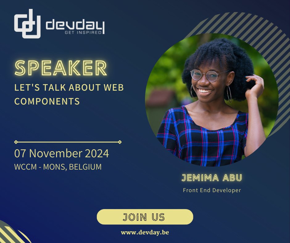 🚀 Annonce Speaker pour #DevDay2024 ! 🚀
Ravi de vous présenter notre première speaker : Jemima Abu 🇬🇧, Google Developer Expert ! 🎉
🎟️ Encore quelques places early bird disponibles jusqu'au 31 août à minuit à 199€ au lieu de 299€.

Réservez vos places : devday.be/ticket