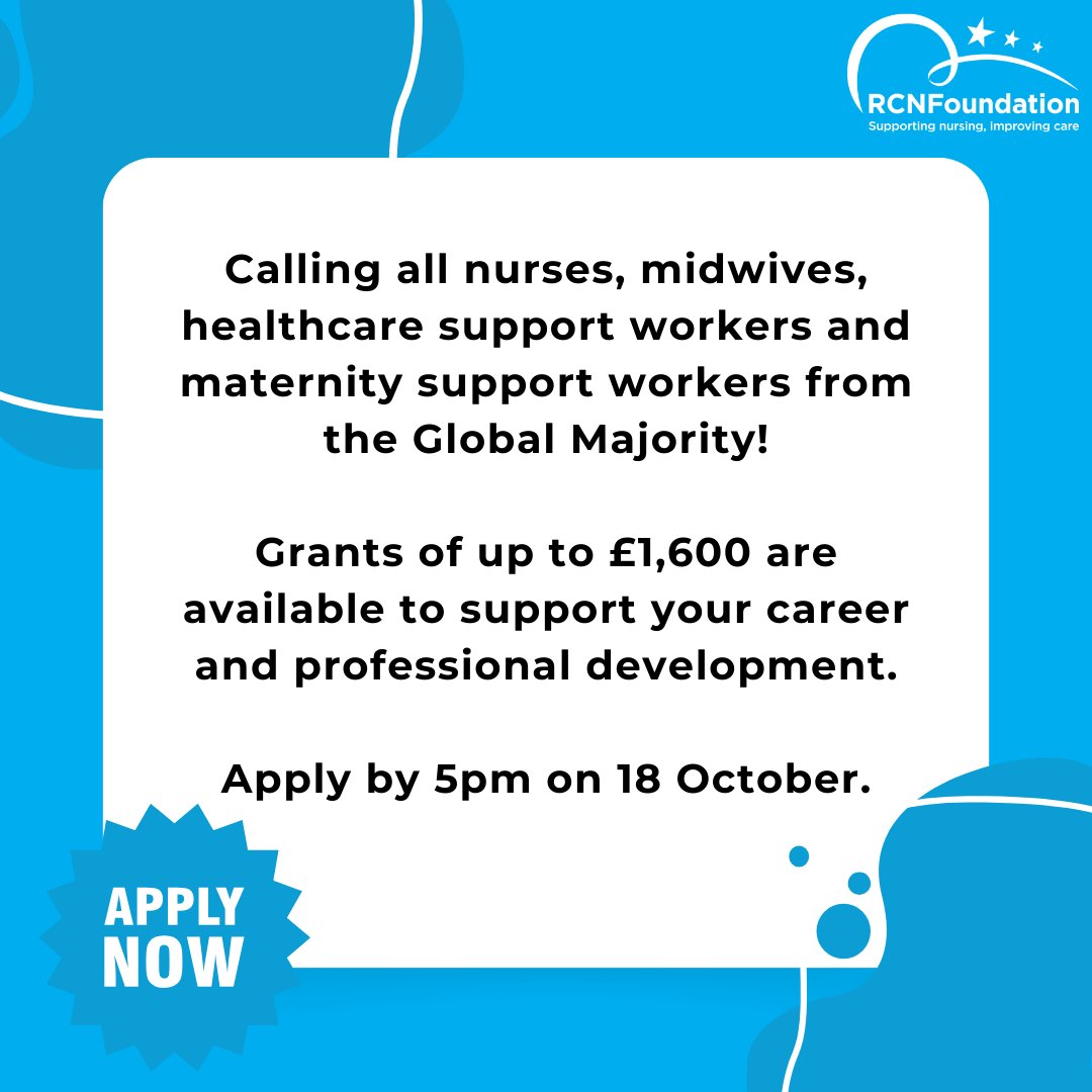 The RCN Foundation Olufunke Adeyeye Education Grant is a dedicated fund for nurses, midwives, healthcare support workers and maternity support workers from the #GlobalMajority, looking to develop their training and skills.

Find out more and apply: bit.ly/3SR8VVK