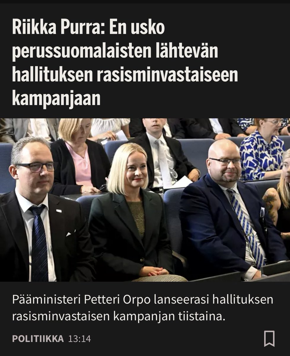 Petteri Orpo (kok.) lyö vaikutusvallan peliin, suojaa persuja yli rasismikohun ja laatii uskottavuuden palauttamiseksi rasisminvastaisen kampanjan.

Hallituspuolue PS välittömästi sen perään🔽

Ne taannoiset kynnysmatot olisivat ehkä toimineet ihan oman puolueen tuotemallistona?