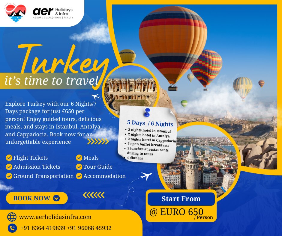 aerholidays's tweet photo. 🇹🇷✨ Discover Turkey with our 6 Nights/7 Days trip starting at just EURO 650 per person! 🕌🛳️🍽️ Book now and dive into the beauty of Turkey! 🚀✈️ [Link] #TurkeyTravel #HolidayPackage #ExploreTurkey #TravelDeals https://t.co/fp2YN5HjNr