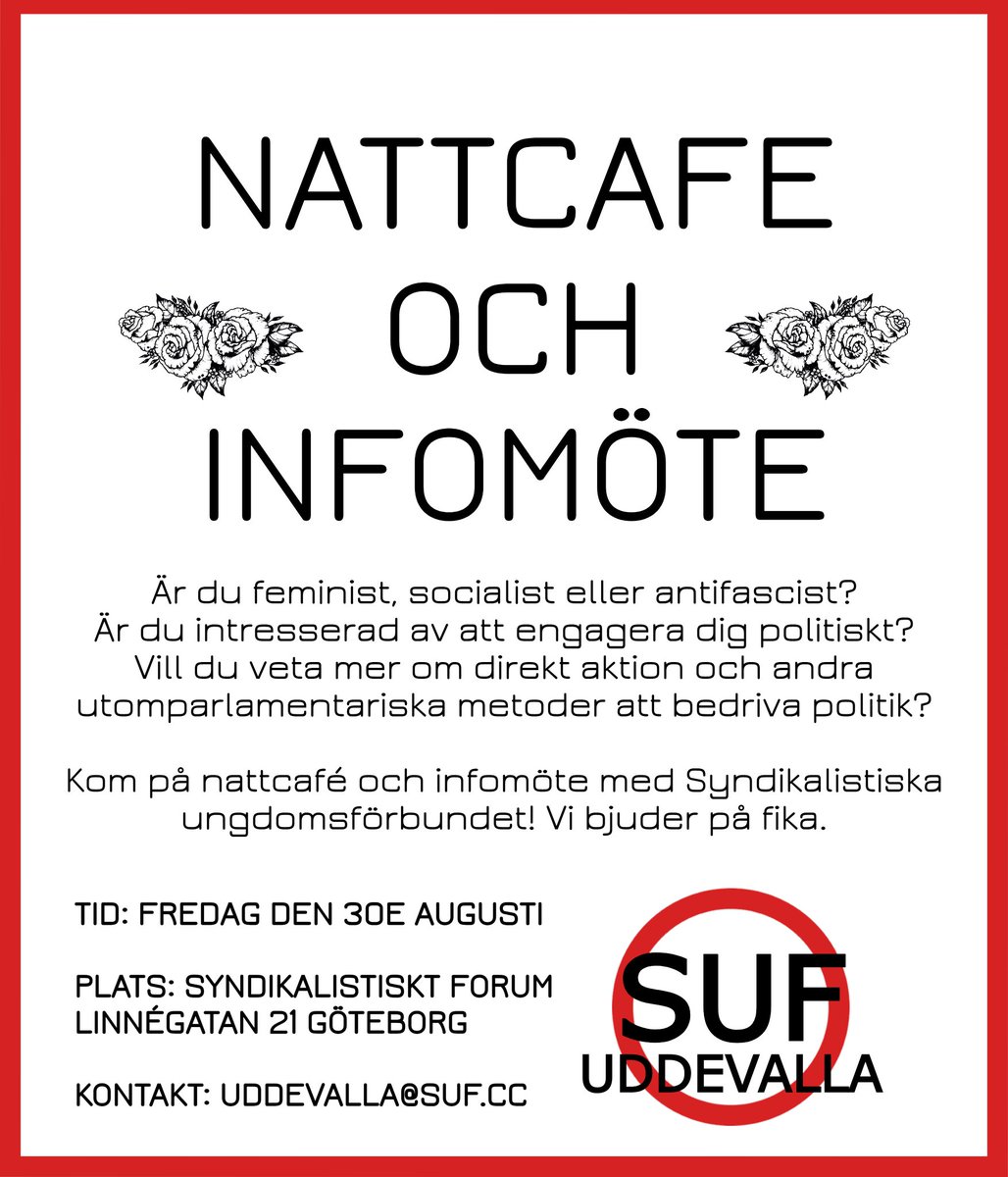 sufuddevalla's tweet photo. Vi i SUF Uddevalla kommer att hålla ett infomöte i Göteborg för att försöka få fart på en lokalklubb där. Vi kommer att hålla föreläsning om vad SUF är och vad ni skulle kunna göra i er lokalklubb. Kom och engagera er för ett riktigt radikalt alternativ! Vi bjuder på fika. https://t.co/UIIJ6LWKTU