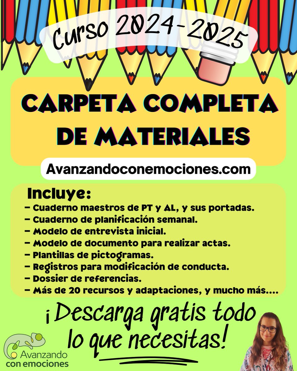 ✨Todo lo que necesitas en tu Carpeta de Materiales. Curso 24/25 ✨
Incluye: 
- Cuaderno PT/AL+portadas 
- Planificadores
- Modelos de entrevista inicial y actas
- Registro conducta
- Dossier de referencias, y mucho más... 
💾Descarga gratis 👇🏼
avanzandoconemociones.com/2024/08/27/tod…