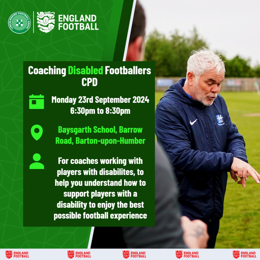 ⏰ Last chance to sign up! ⏰

Our FREE Coaching Disabled Footballers CPD event at Baysgarth School is almost here! Don’t miss out on this valuable opportunity to learn how to support players with disabilities 💚⚽

Secure your spot 👉 tinyurl.com/muawwrmf