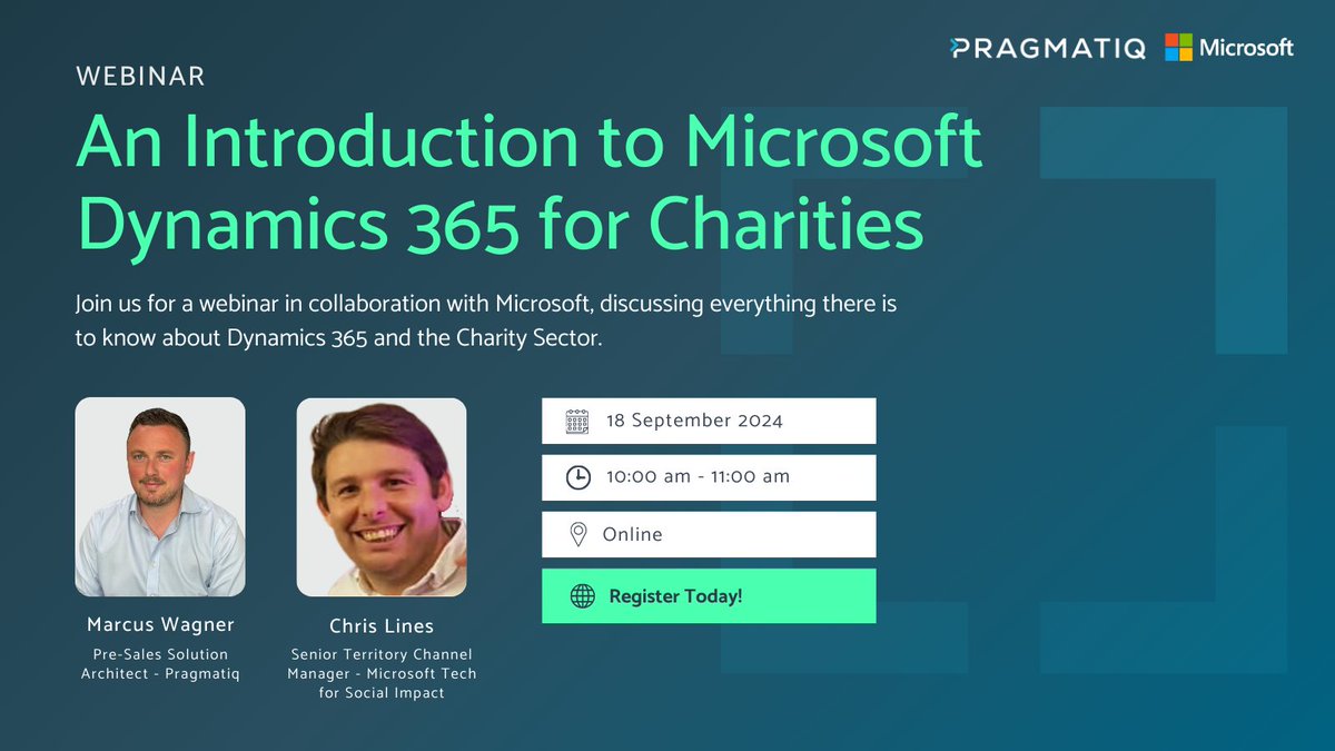 Join Our Webinar: An Introduction to Microsoft Dynamics 365 for Charities 🚀 

In collaboration with Microsoft Tech for Social Impact, we will be sharing how D365 and Pragmatiq can support your mission

Date: 18th September  
Time: 10-11am
Sign up: events.teams.microsoft.com/event/cc5522a1…