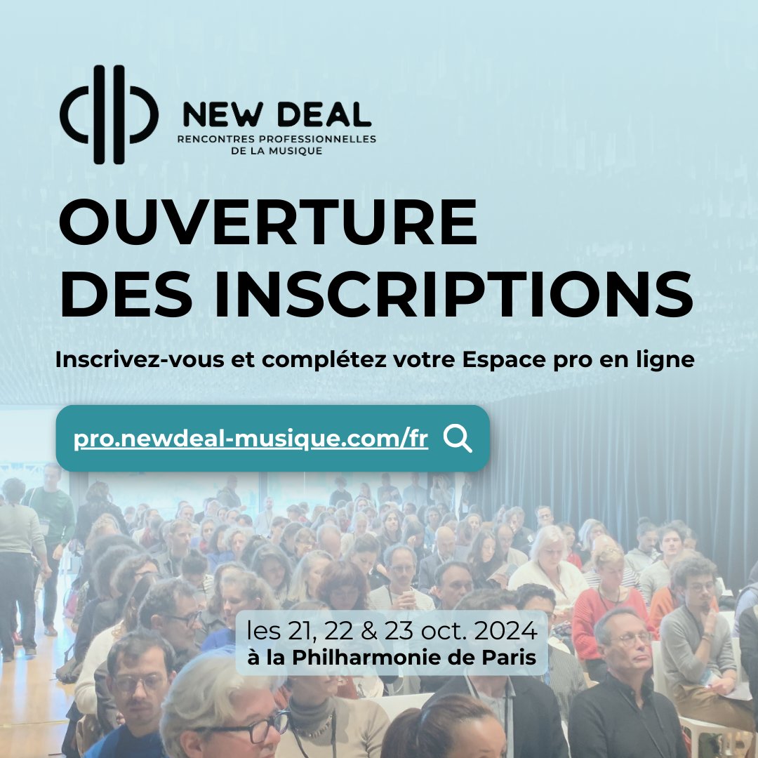 [Ouverture des Inscriptions] 
Rencontres professionnelles de la musique du 21 au 23 octobre 

🎟️#Inscriptions : pro.newdeal-musique.com/fr 
📋 #Programmation : newdeal-musique.com/new-deal-2024-…

#salonprofessionnel #newdeal #scenenationale #créationmusicale #patrimoinemusical