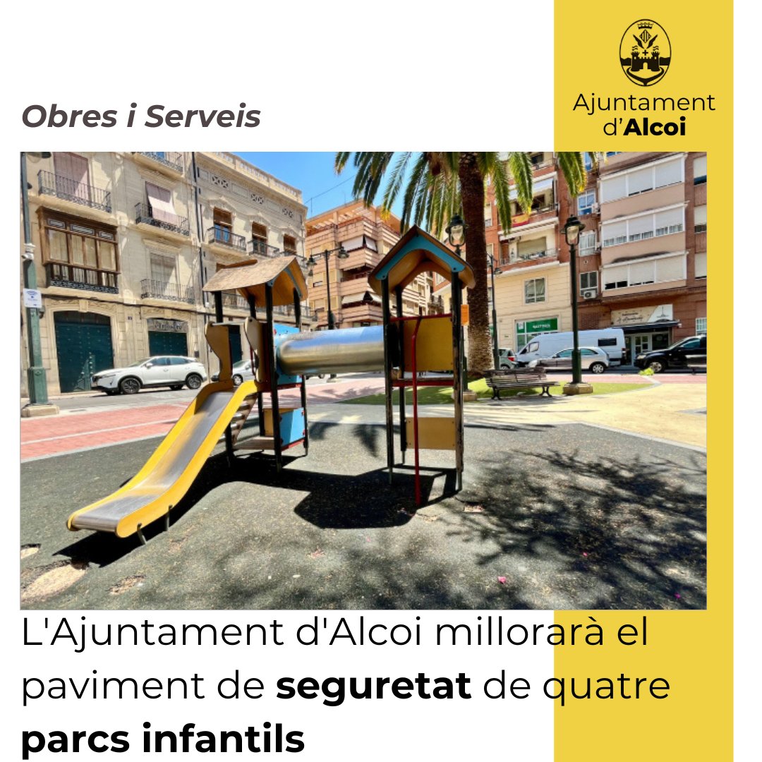 👷Les actuacions es duran a terme al setembre amb un pressupost de 32.000 euros

🛝Actuarà als parcs infantils del Parterre, carrer Músic Serrano, plaça Armando Santacreu, i el situat  entre els carrers Sant Mateu i Sant Rafel

🔗alcoi.org/ca/portal/noti…

#Alcoi #AlcoiViu