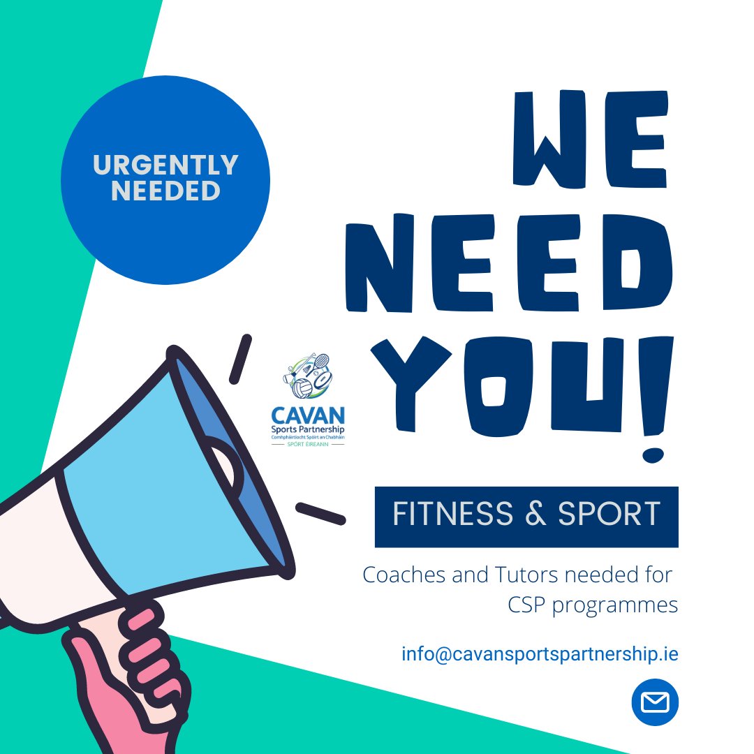 Cavan Sports (@cavansp) on Twitter photo WE NEED YOU!! - Calling all Coaches and Tutors in Cavan. Interested in delivering a CSP Programme in your area?
Please email:
1. Certification in your area of expertise
2. Insurance details
3. Location
Email: info@cavansportspartnership.ie
#cavan #cavansportspartnership WE NEED YOU!! - Calling all Coaches and Tutors in Cavan. Interested in delivering a CSP Programme in your area?
Please email:
1. Certification in your area of expertise
2. Insurance details
3. Location
Email: info@cavansportspartnership.ie
#cavan #cavansportspartnership