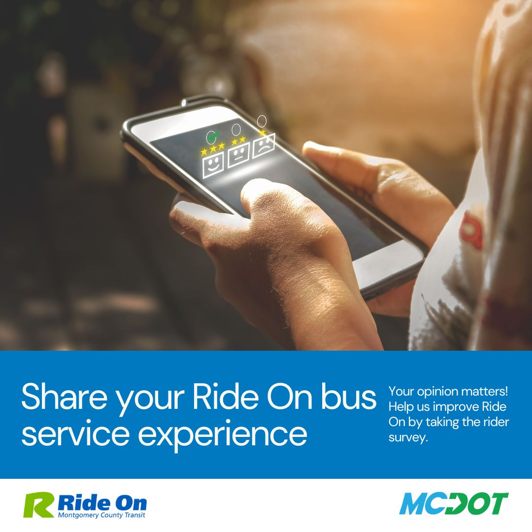 RideOnMCT's tweet photo. Help Ride On enhance your daily commute! Make your voice heard and take the rider survey online today: https://t.co/9OLxKxCJK5. #RideOn #MCDOTNow https://t.co/MGh1M2tIrM