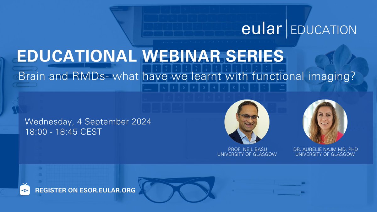 eular_org's tweet photo. 🚀Join us on our #EULAR - Educational Webinar Series: "Brain and RMDs- what have we learnt with functional imaging?"

💻Wednesday, 4 September 2024, 18:00-18:45 CEST

Register here👉https://t.co/iVgzMUlhXz https://t.co/yfL1LFMDKu