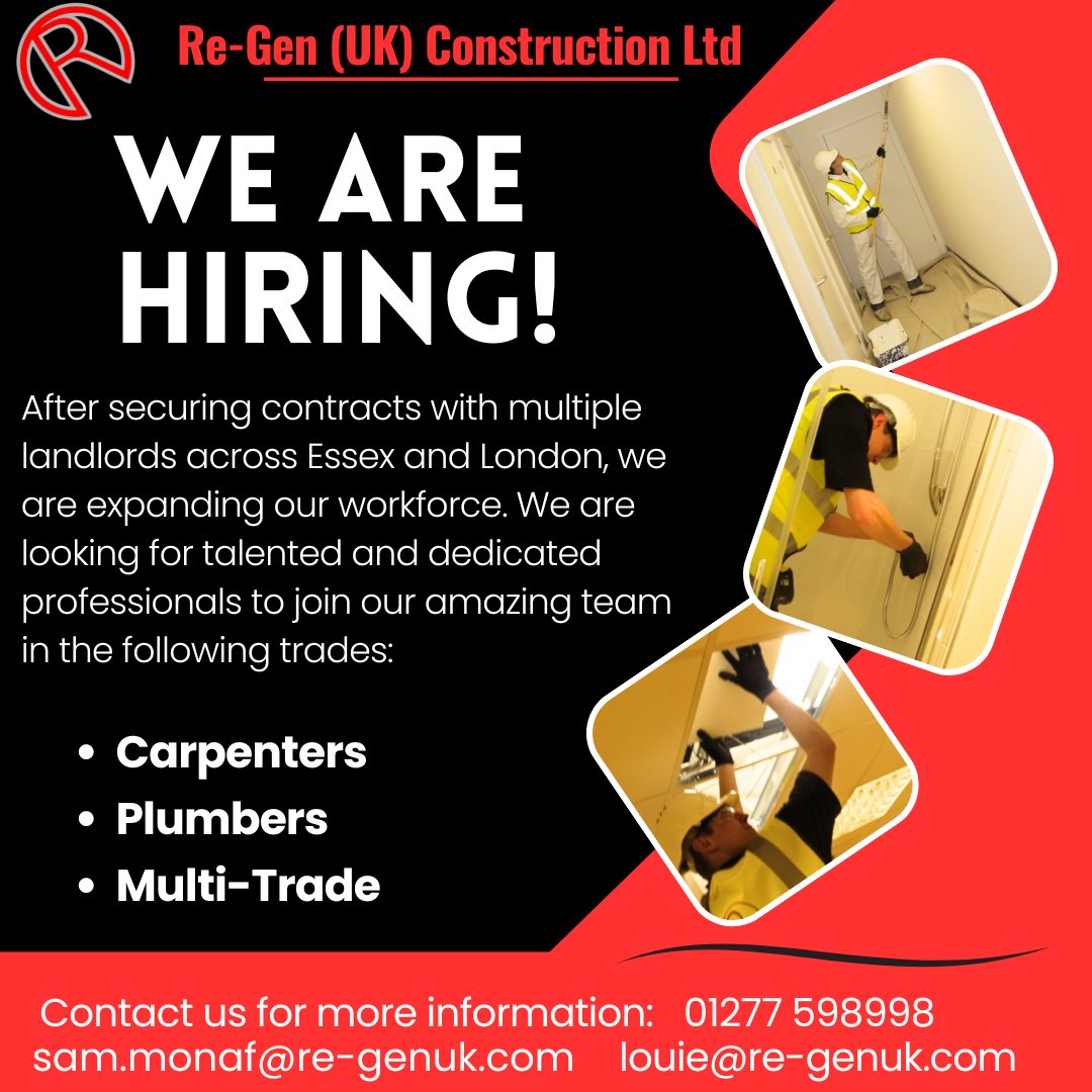 We are hiring 😎

Looking for carpenters, plumbers &amp; multi-traders 

Get in touch: 01277 598998 or email louise@re-genuk.com / sam.monaf@re-genuk.com