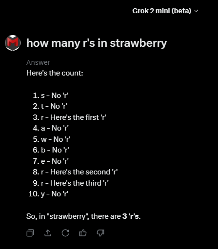 MorezyMinecraft's tweet photo. Very interesting how something so simple can trip up this AI?
I guess this is what happens when AI's do not solve for truth. Or this is data cleansing causing it to disregard the second r as a mistake?  Someone who knows more can explain im sure!
Why am i paying $30 for 2 R's when i pay $11 for 3 R's?
#GROK2 #chatgpt4o #AI  Can't wait for Grok in my Tesla! #TSLA