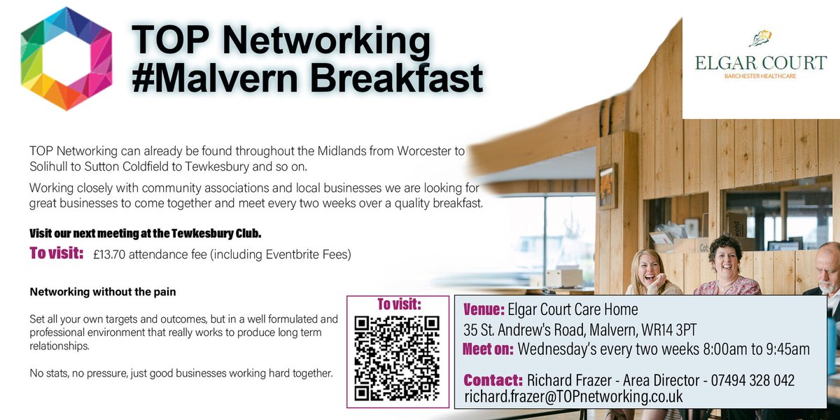 #Topnetworkingmalvern Will be meeting at Elgar Court Care Home,  on January 17 at 8:00 a.m., and then every two weeks. A warm welcome will be given, along with a lovely breakfast. 
 After you give a 60-second pitch, one of our members will showcase their company for ten minutes.